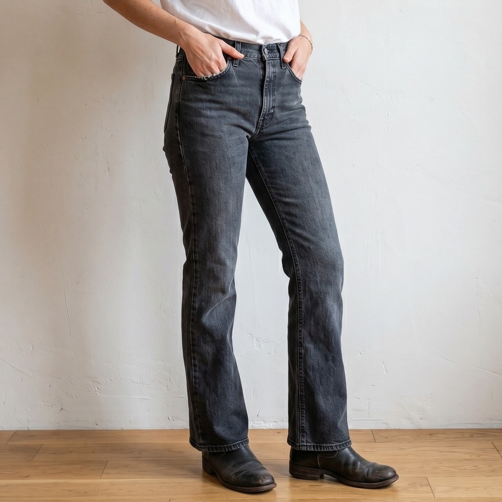Levi's Ribcage Boot Jeans Womens 25 Gray Black High Rise Button Fly Denim Retro